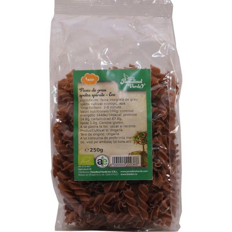 Paste de grau spelta integral spirale eco Paradisul Verde 250g pachet transparent.