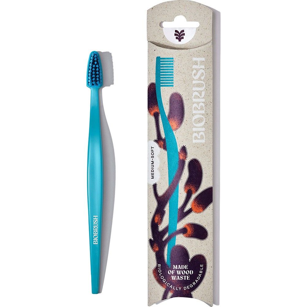 Periuță de dinți Biobrush albastră, peri medii spre moi, ambalaj biodegradabil.