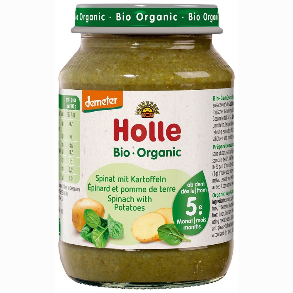 Piure bio spanac cartofi Holle 190g pentru copii peste 5 luni, fără gluten.