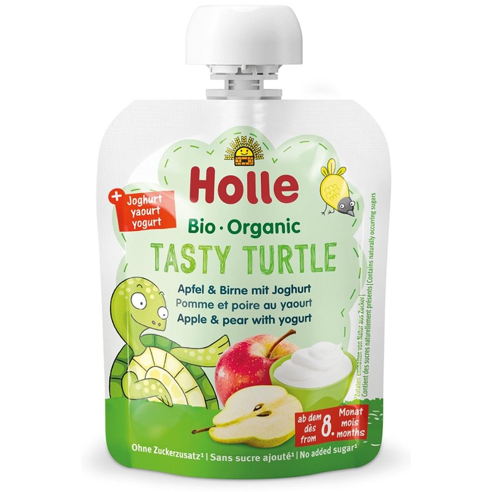 Piure de mere și pere cu iaurt bio Holle, ambalaj de 85g pentru copii +8 luni.