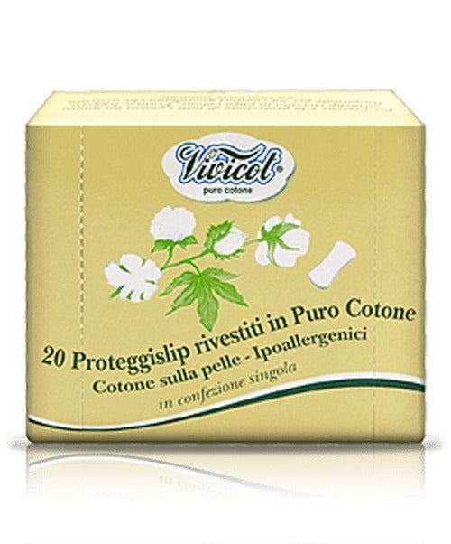 Protej slip Vivicot bumbac hipoalergenic, 20 bucăți, ambalaj galben cu motive florale și logo albastru.