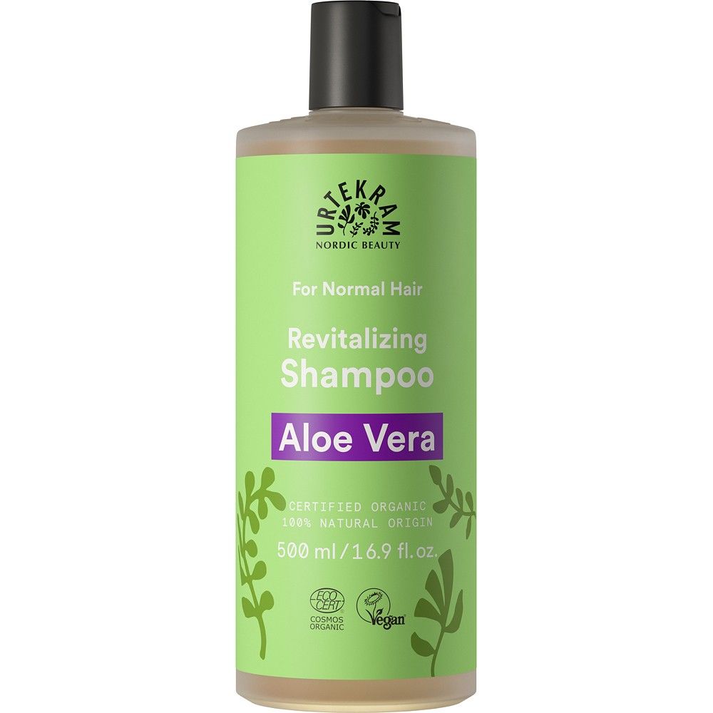 Șampon Aloe Vera Urtekram 500ml, păr normal, ambalaj verde, organic, vegan, certificări ECOCERT, origine naturală.