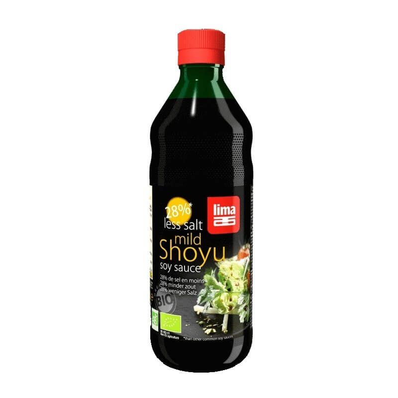 Sos de soia Shoyu bio Lima 250ml, capac roșu, etichetă neagră.