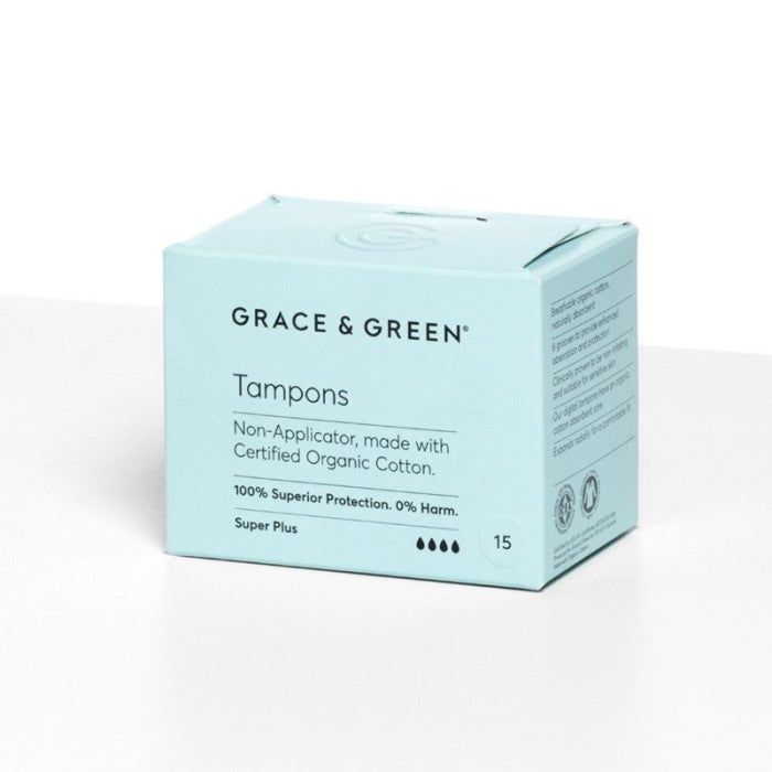 Tampoane bumbac organic Super Plus Grace and Green, cutie albastră, 15 bucăți.