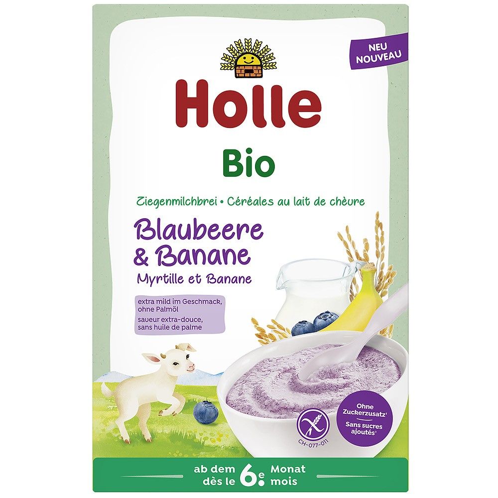 Terci bio cu lapte capră, banane, afine, 200g, fără gluten, ambalaj Holle, ingrediente naturale.