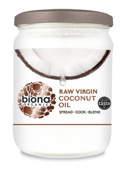 Ulei de cocos virgin bio Biona 400g, ambalaj sticlă, etichetă albă cu detalii maronii, capac maroniu.
