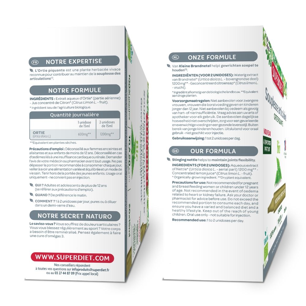 URZICA BIO - ARTICULATII FLEXIBILE, 20 fiole din PP x 15ml, SUPERDIET UNIDOZE din PP reciclabile pe