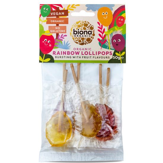 Acadele rainbow eco BIONA 6buc, diverse culori, ambalaj transparent, vegan, fără zahăr.