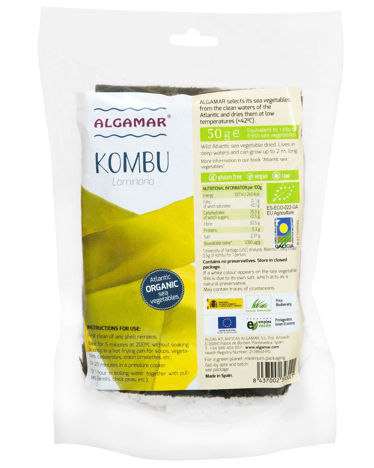Pachet alge Kombu eco 50g Algamar, ambalaj compostabil, etichetă alb-galben, text nutrițional vizibil.
