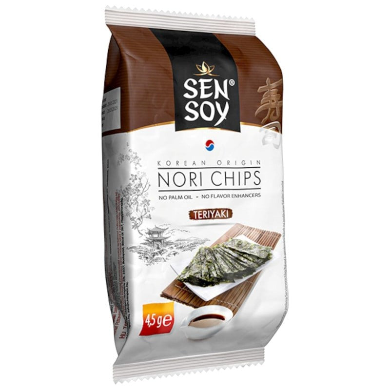 Sen Soy Alge Nori Chips Teriyaki 4.5g, ambalaj alb cu maro, imagine alge și bol sos.