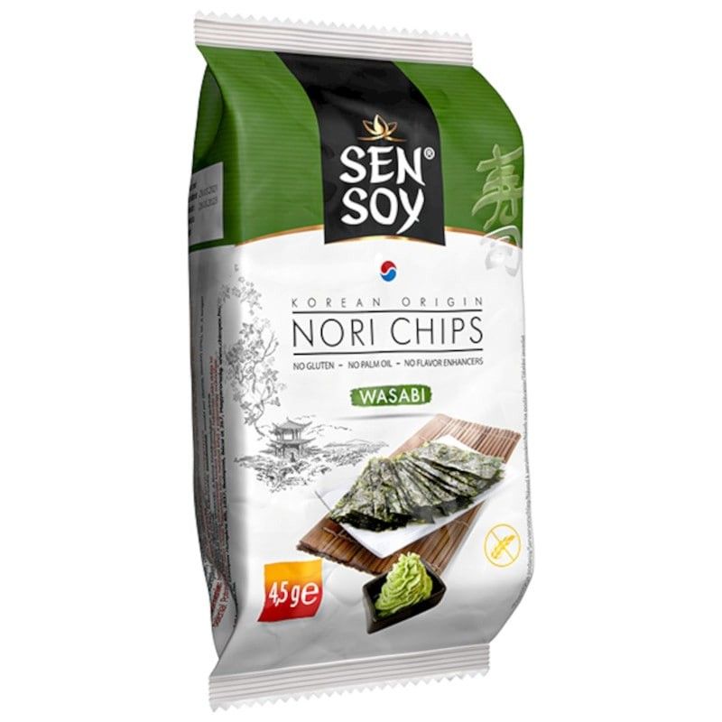 Chipsuri crocante alge Nori cu wasabi fără gluten Sen Soy 4.5g în ambalaj verde și alb.