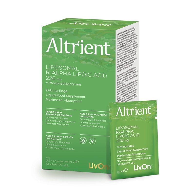 Supliment Altrient Acid R-Alfa Lipoic, cutie și pliculețe verzi, absorbție maximă lipozomală.