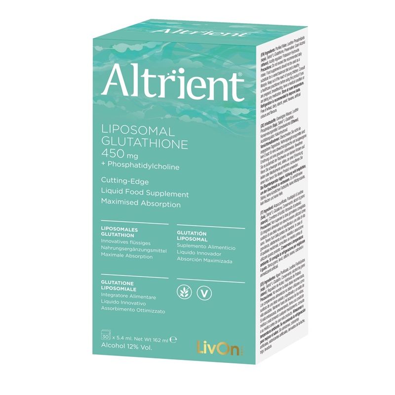Cutia Altrient Glutathione 450mg vedere laterală, verde, text informativ, 30 pliculețe lipozomale.