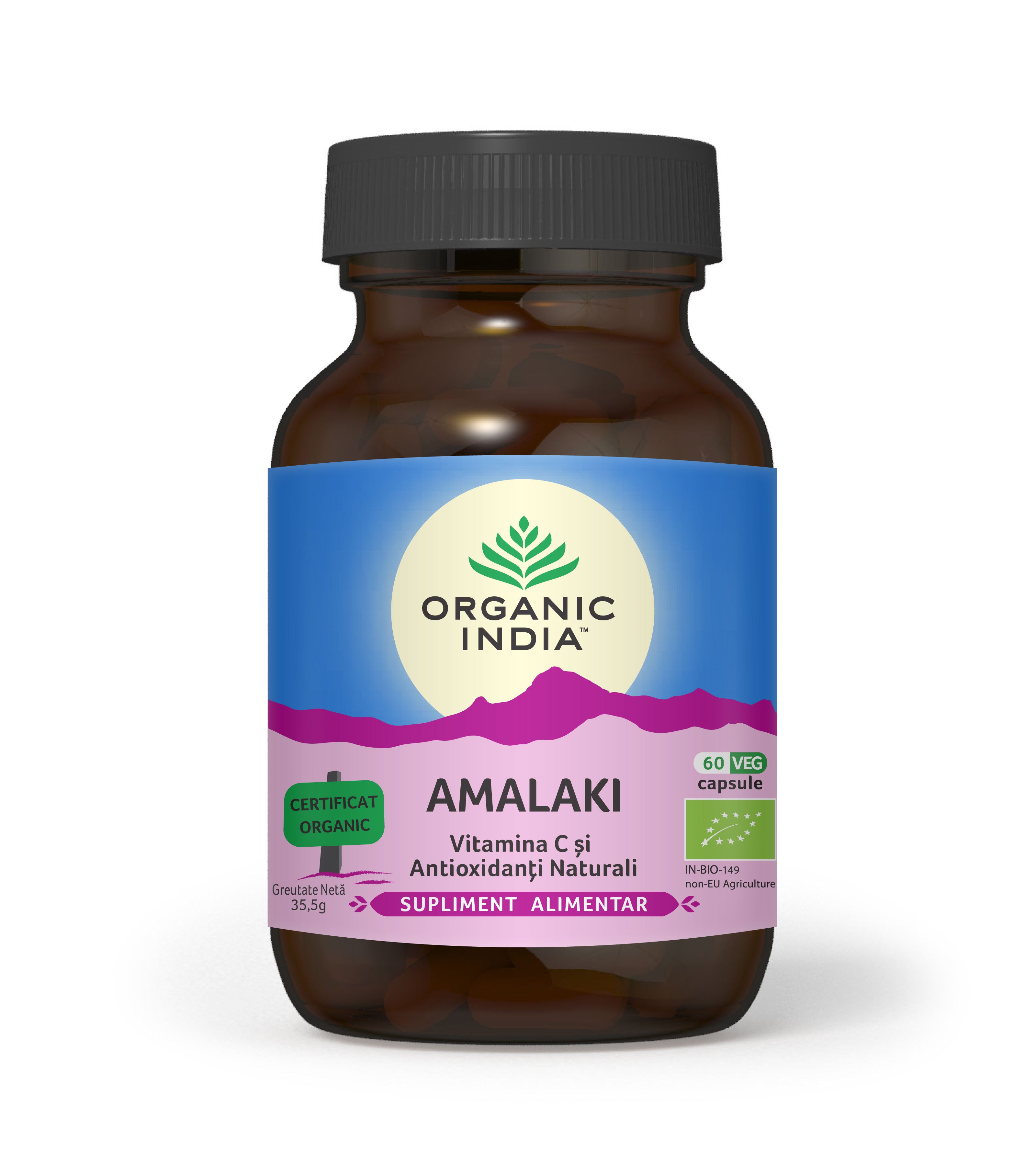 Amalaki capsule vegetale Organic India, sticlă maro cu etichetă albastră și mov, 60 capsule.