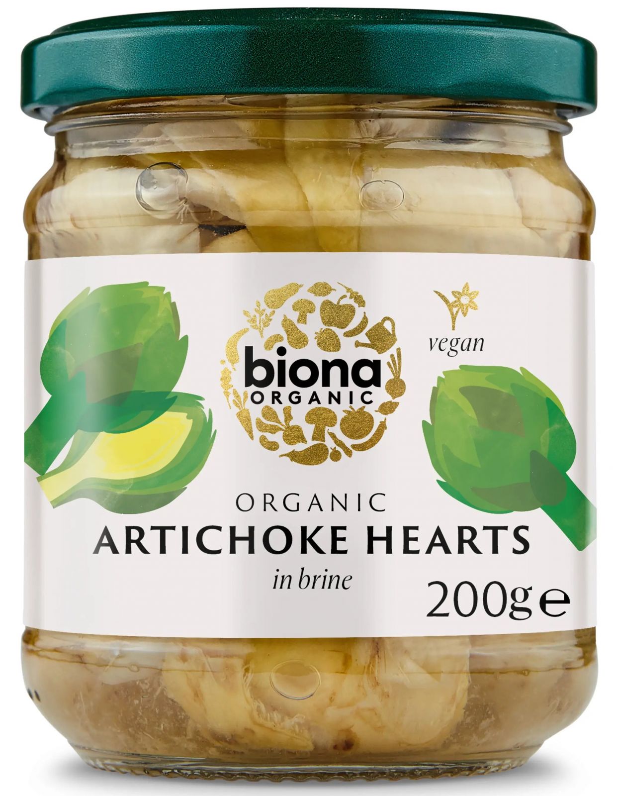 Anghinare bio în saramură Biona, borcan transparent cu capac verde, 200g.