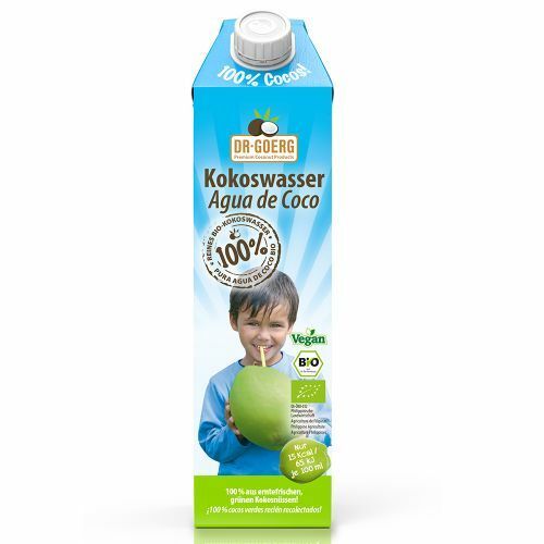 Apă de cocos bio 1L Dr. Goerg, ambalaj albastru, imagine copil cu nucă de cocos verde.