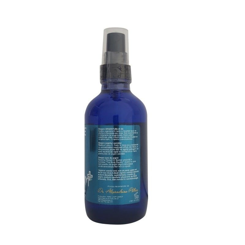 Spray argint coloidal ARGENTUM 35ppm 120ml, flacon sticlă albastră, etichetă detaliată.