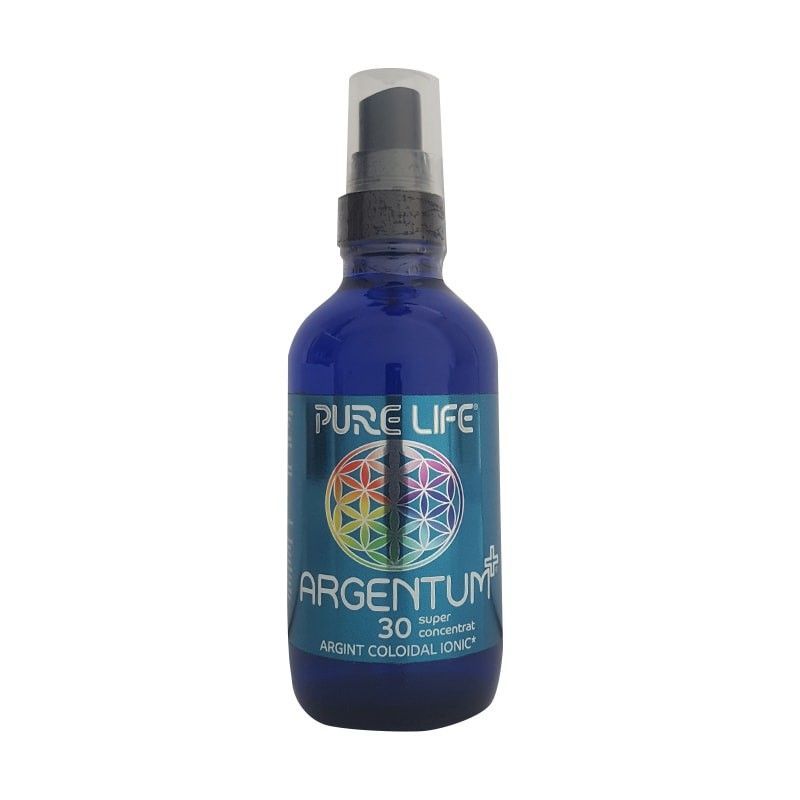Sticlă albastră cu pulverizator, etichetă Pure Life Argentum, argint coloidal 30 ppm, 120 ml.