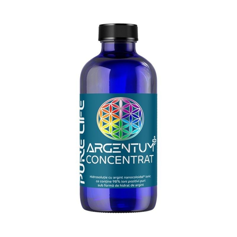 Argint coloidal ARGENTUM Concentrat 35ppm, sticlă albastră 240ml, etichetă colorată Pure Life.