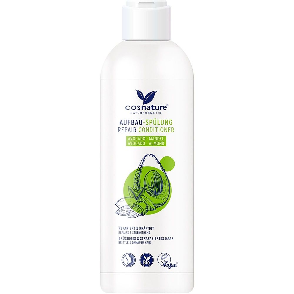 Balsam de păr regenerare și întărire Cosnature 250ml cu avocado și migdale, ambalaj alb.