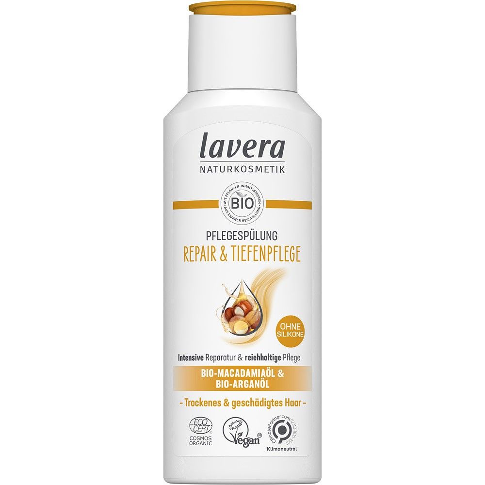 Balsam Lavera 200ml pentru reparare păr uscat cu ulei de argan bio, etichetă albă și galbenă.