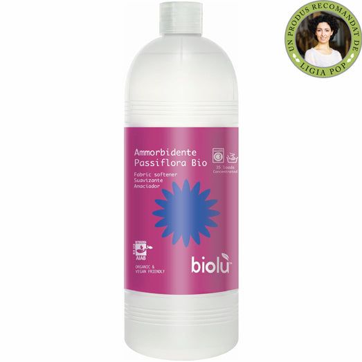 Balsam de rufe Biolu 1L, ecologic cu passiflora, etichetă mov, eficient pentru 35 spălări.