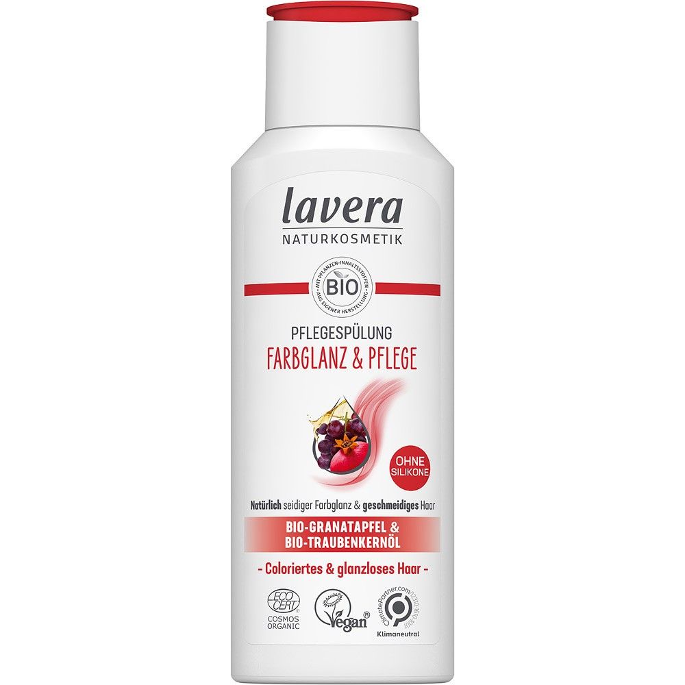 Balsam de păr Lavera 200ml cu rodie bio și ulei de struguri, pentru păr colorat fără strălucire.