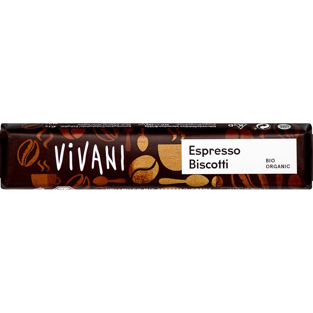 Baton bio ciocolată Vivani Espresso Biscotti 40g, ambalaj maro cu motive de cafea.