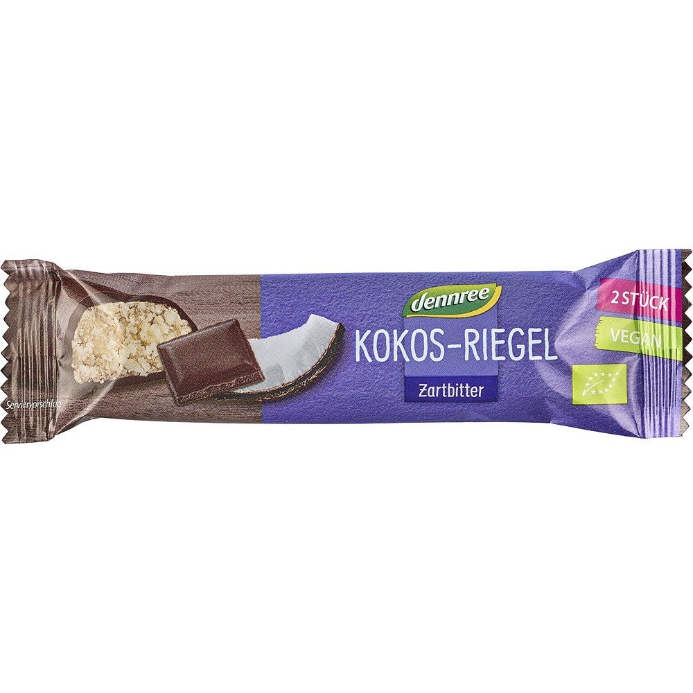 Dennree Baton bio de cocos cu glazură de ciocolată neagră, ambalaj violet, vegan, 40g.