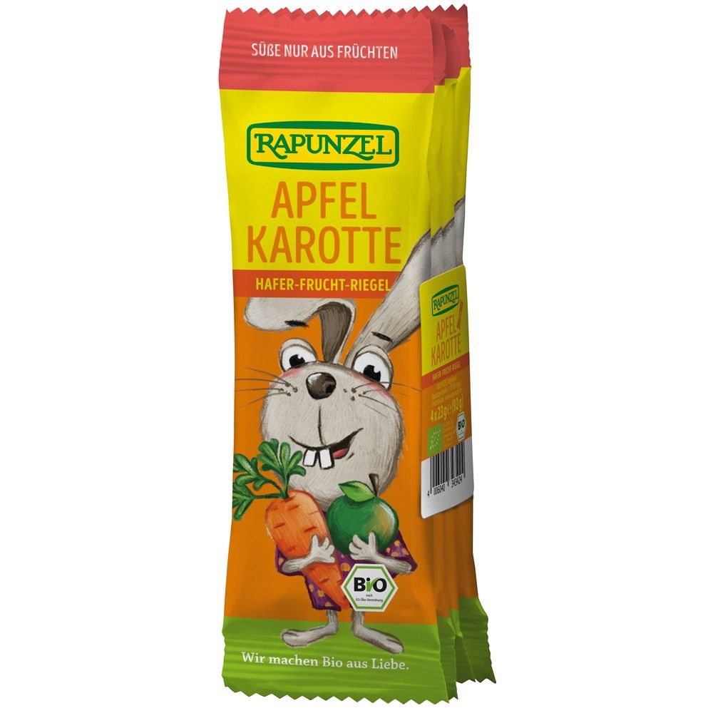 Baton bio ovăz, mere și morcovi Rapunzel, pachet galben-portocaliu cu ilustrație simpatică.