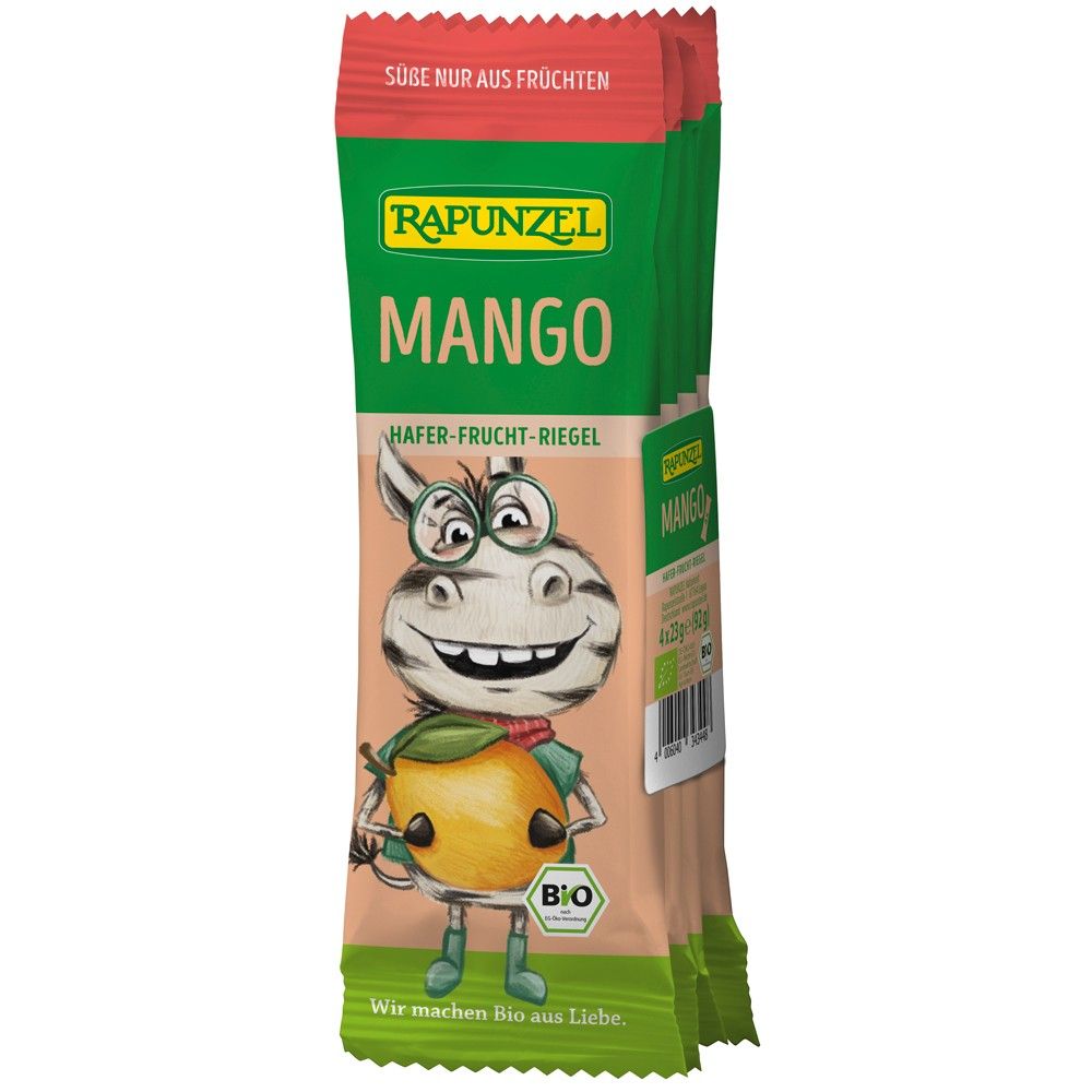 Baton bio cu ovăz și mango Rapunzel, ambalaj verde și roz, 92g pentru copii.