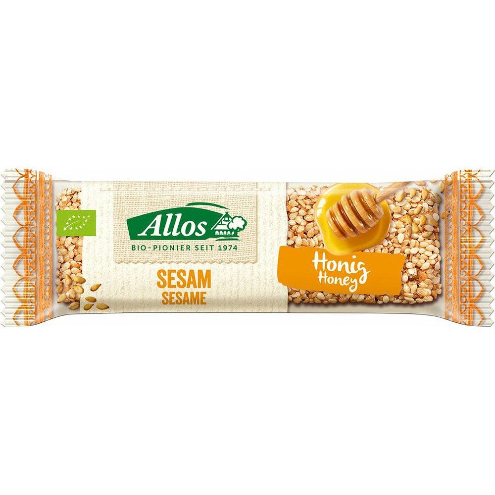 Baton bio de susan cu miere Allos, ambalaj maro și portocaliu, 60% susan.