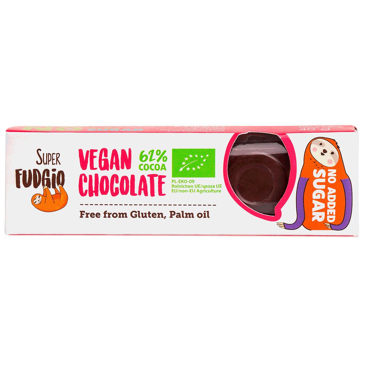 Baton de ciocolată vegană Super Fudgio 62% cacao, fără zahăr, ambalaj roz și alb.