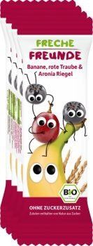 Baton cereale bio cu banane, struguri, aronia, ambalaj vegan, 4x23g, colorat, atractiv pentru copii