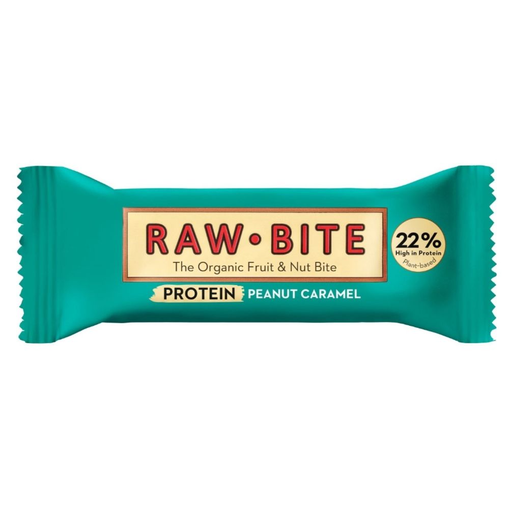 Baton proteic 22% fără gluten, fără zahăr Raw Bite, ambalaj turcoaz, peanut caramel.