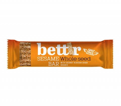 Baton de susan Bettr bio 30g, ambalaj portocaliu, ingrediente susan, zahăr de cocos.