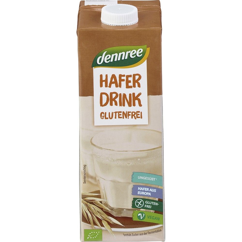 Cutie băutură de ovăz bio fără gluten și lactoză Dennree 1L, etichetă maro și albă, design vegan.