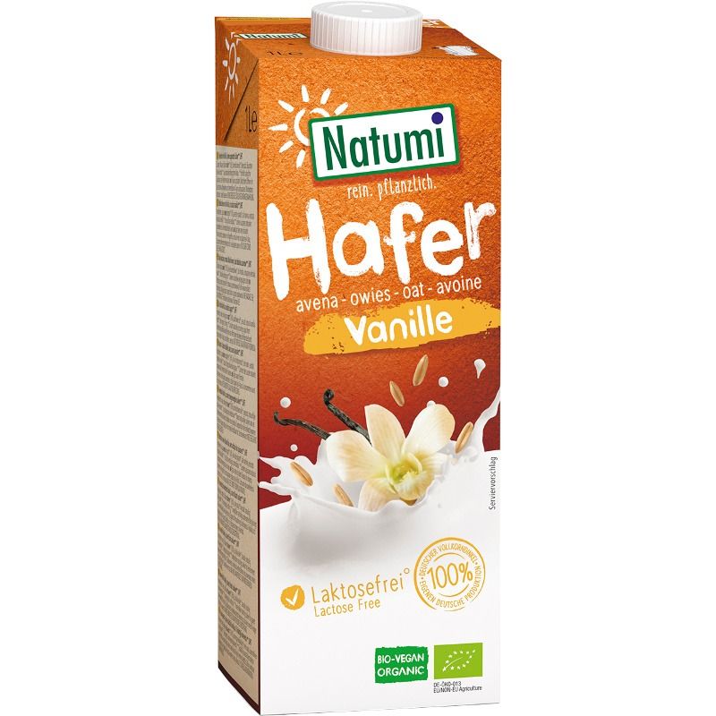 Băutură de ovăz vanilie Natumi, 1l, ambalaj maro cu floare de vanilie și etichetă organică.