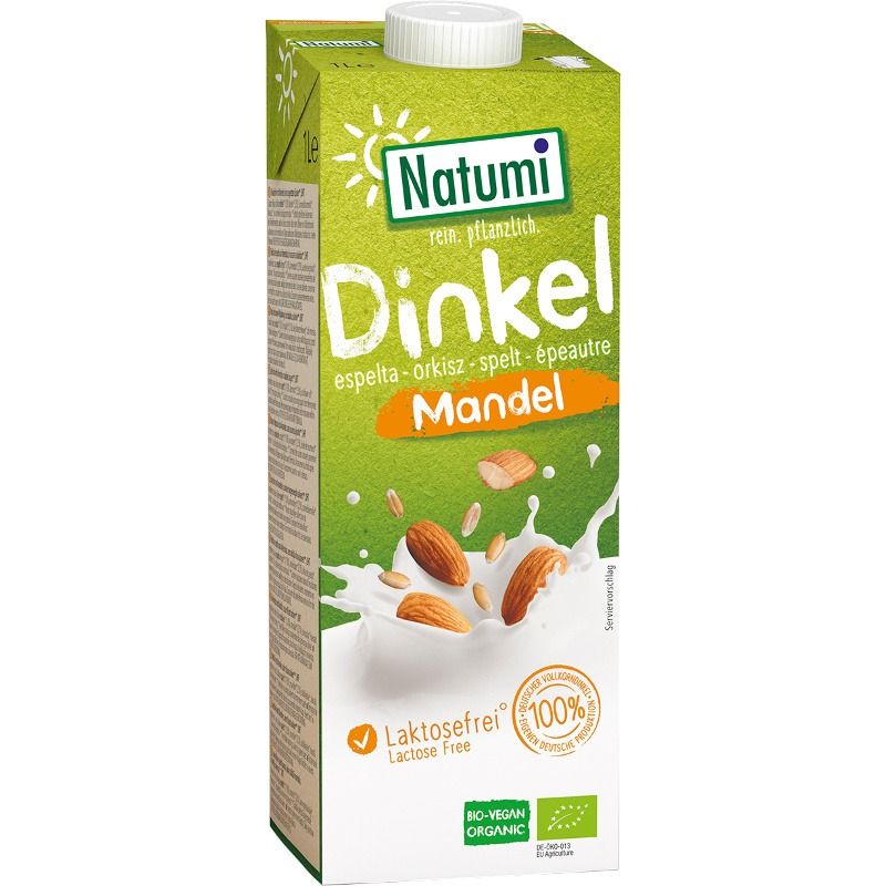 Băutură Spelta Migdale Eco Natumi 1L, cutie verde-albă, migdale vizibile, 100% vegetală