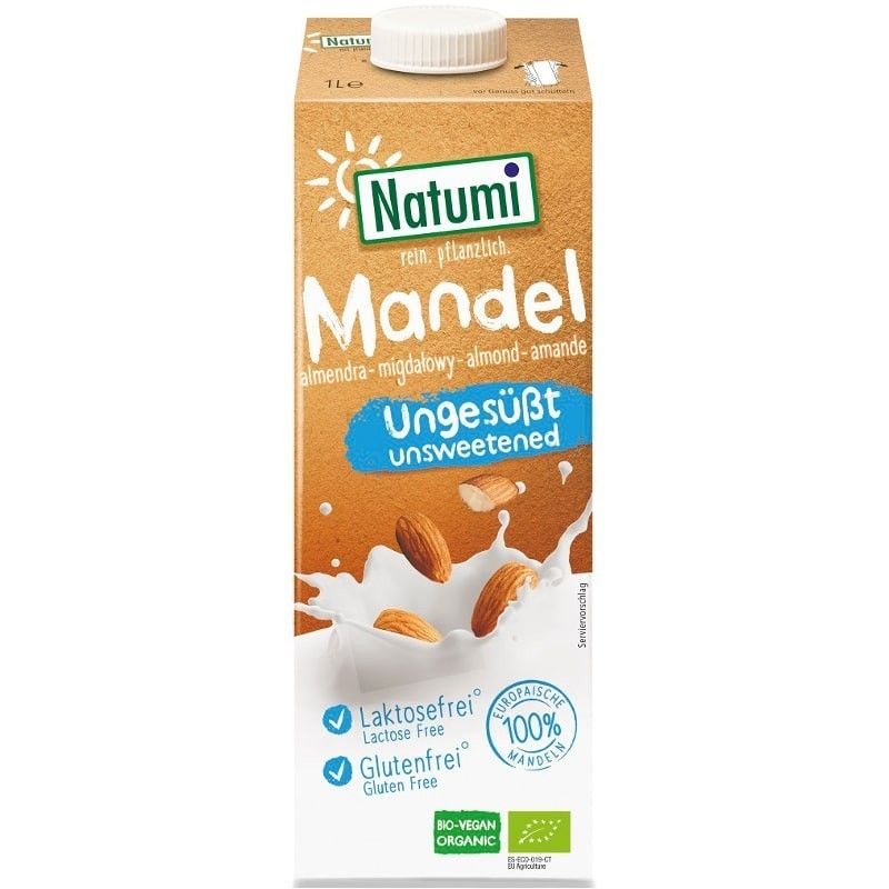Băutură vegetală migdale bio Natumi fără gluten 1L, fără zahăr adăugat, ambalaj maro cu migdale pe carton.