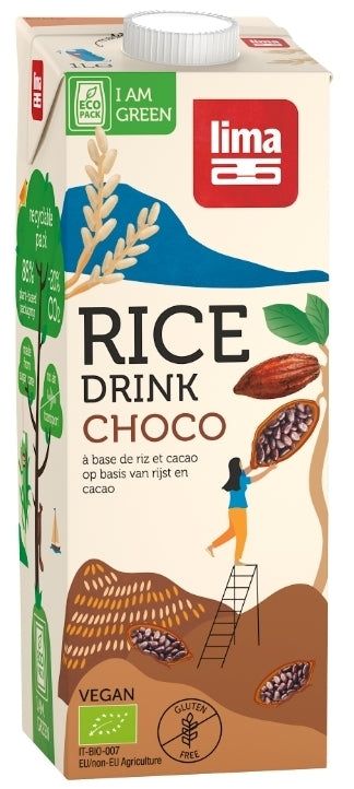 Băutură vegetală de orez cu ciocolată bio Lima 1L ambalaj eco colorat cu cacao.
