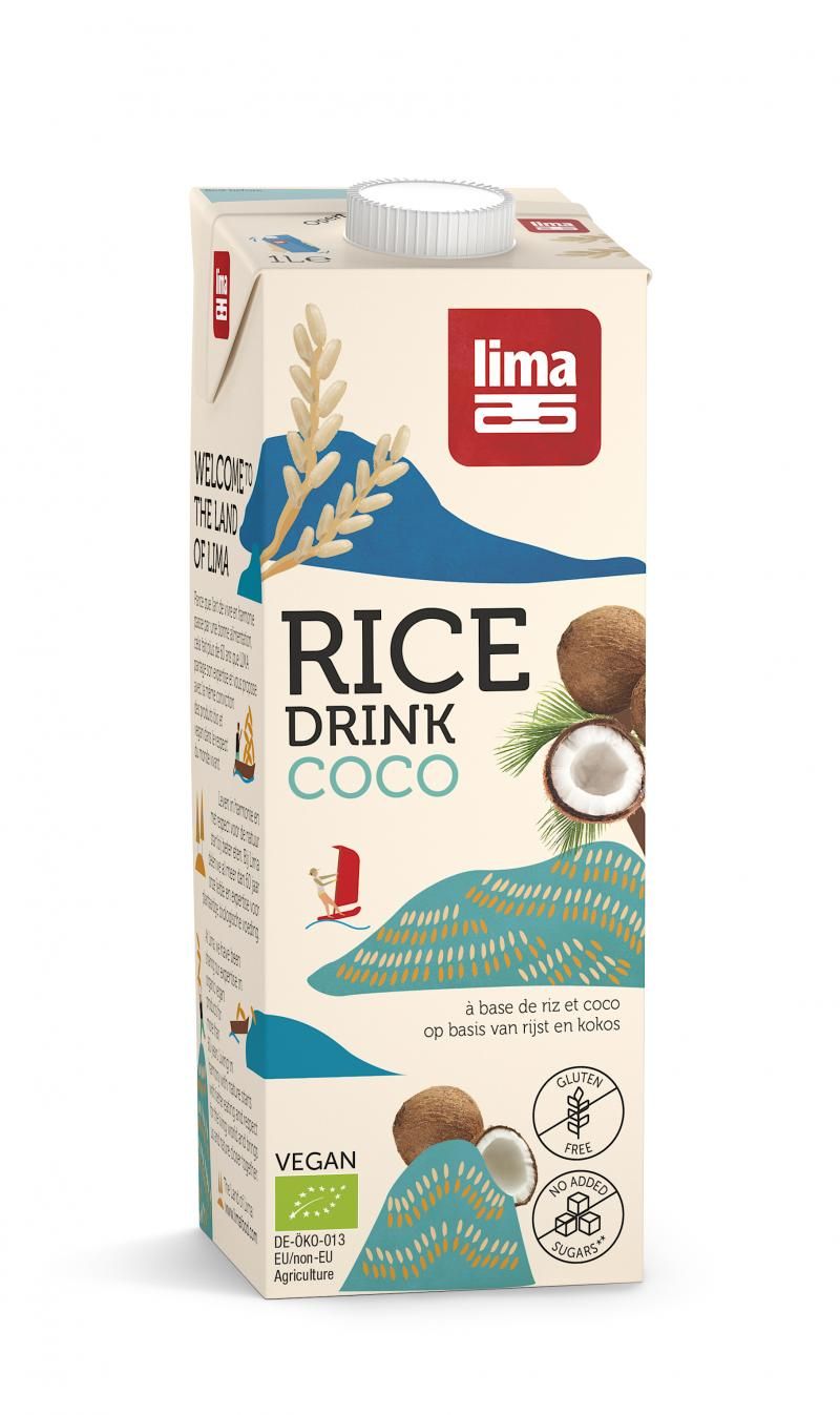 Băutură vegetală orez cu cocos Lima eco, 1L, cutie albă cu accente albastre și imagine cocos.
