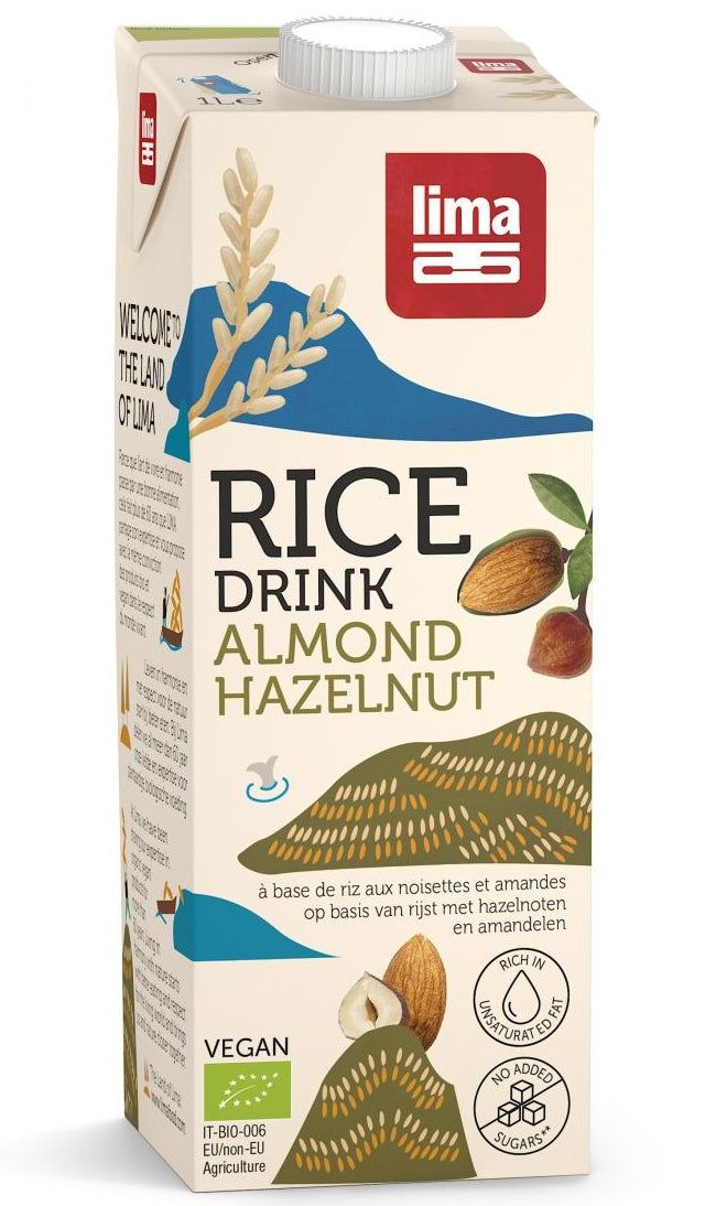 Băutură vegetală eco de orez cu migdale și alune Lima 1L, fără zahăr și lactoză, ambalaj carton.
