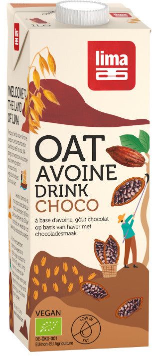 Băutură vegetală de ovăz cu ciocolată bio 1L Lima, ambalaj carton colorat, vegan, fără lactoză.