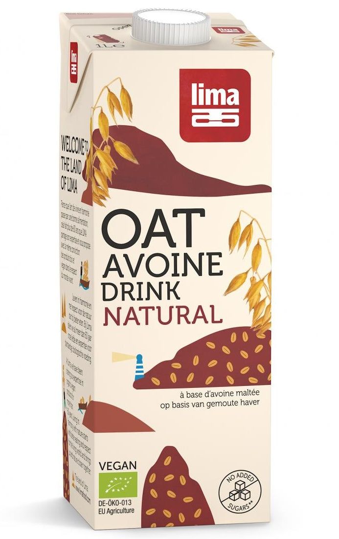 Băutură vegetală de ovăz eco Lima 1L, ambalaj crem cu motive de ovăz, vegan, fără zahăr.