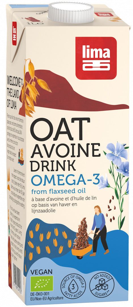 Bautura vegetala ovaz Omega 3 Lima 1L, ambalaj carton, vegan, fara lactoza, ilustratie albastra.