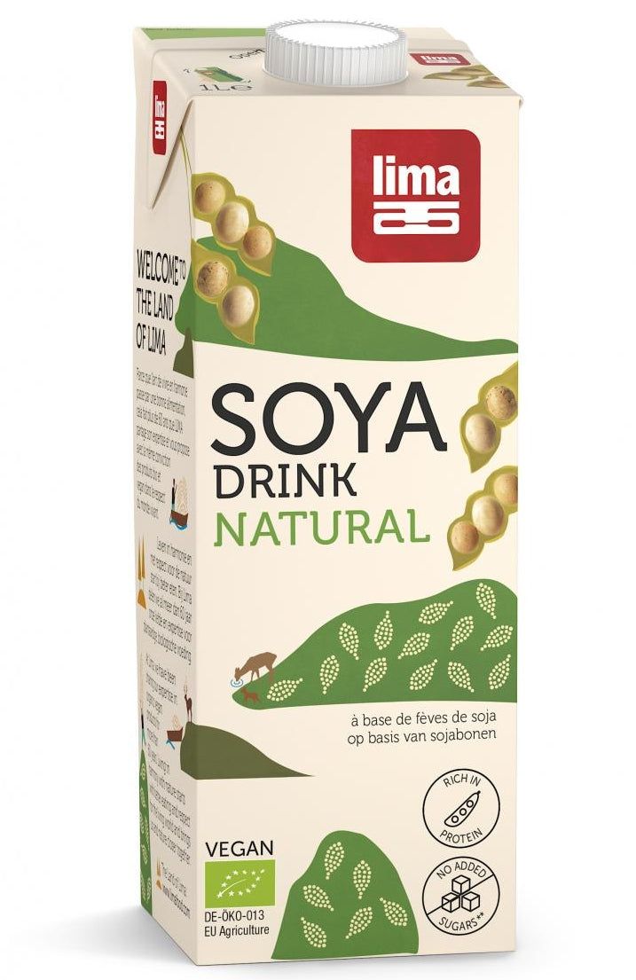Băutură vegetală de soia eco 1L Lima, ambalaj bej-verde, fără gluten.