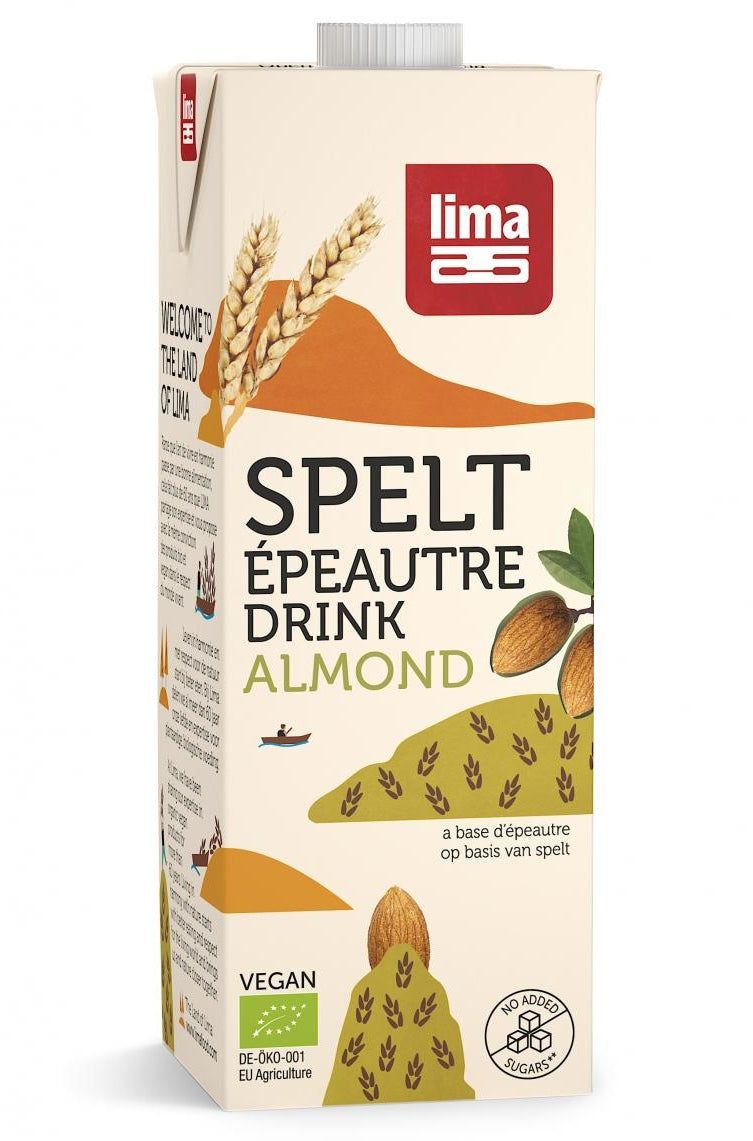 Băutură vegetală de spelta cu migdale Lima 1L, ambalaj vegan, fără zahăr, design natur.