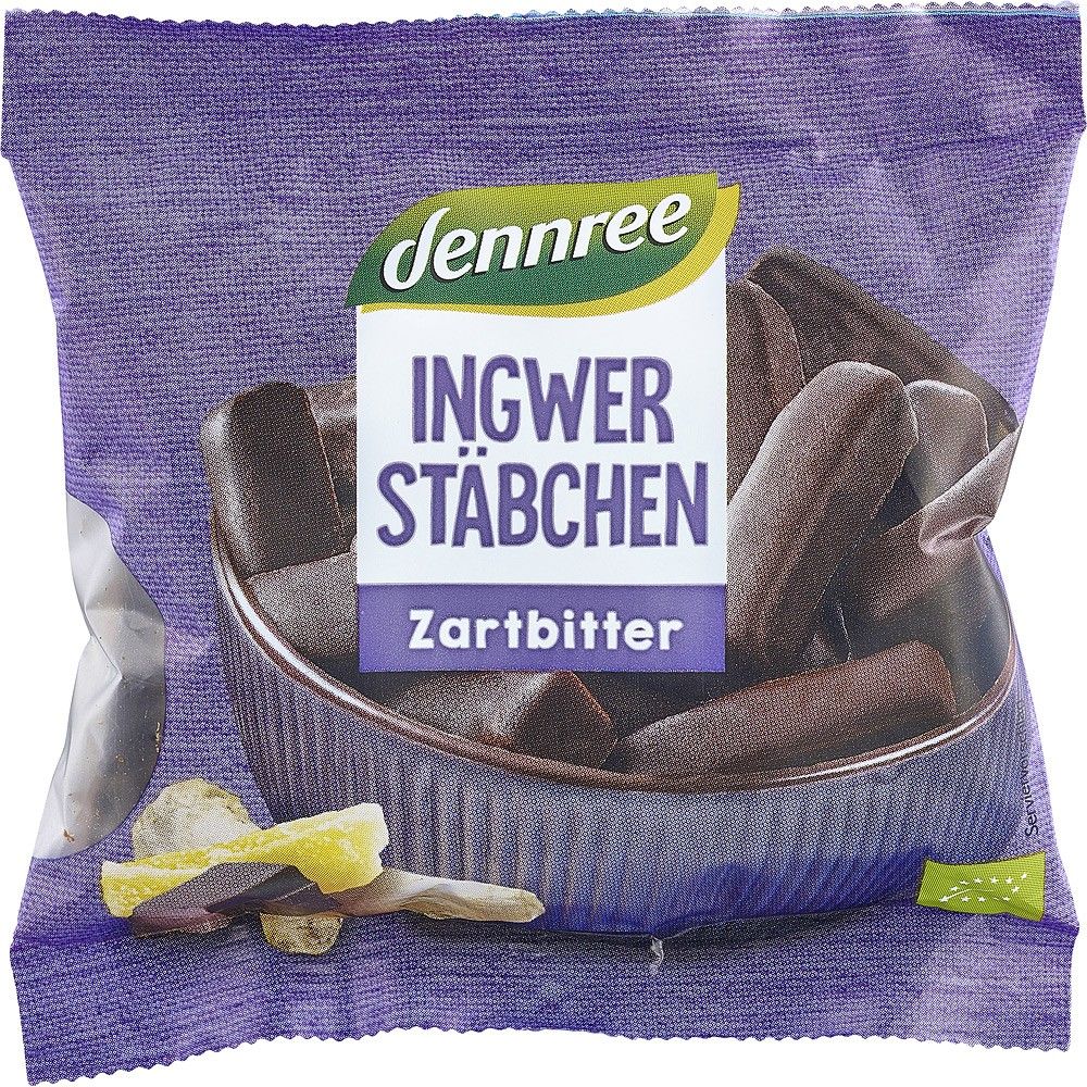 Betisoare de ghimbir bio in ciocolata neagra Dennree, ambalaj mov, 80g.