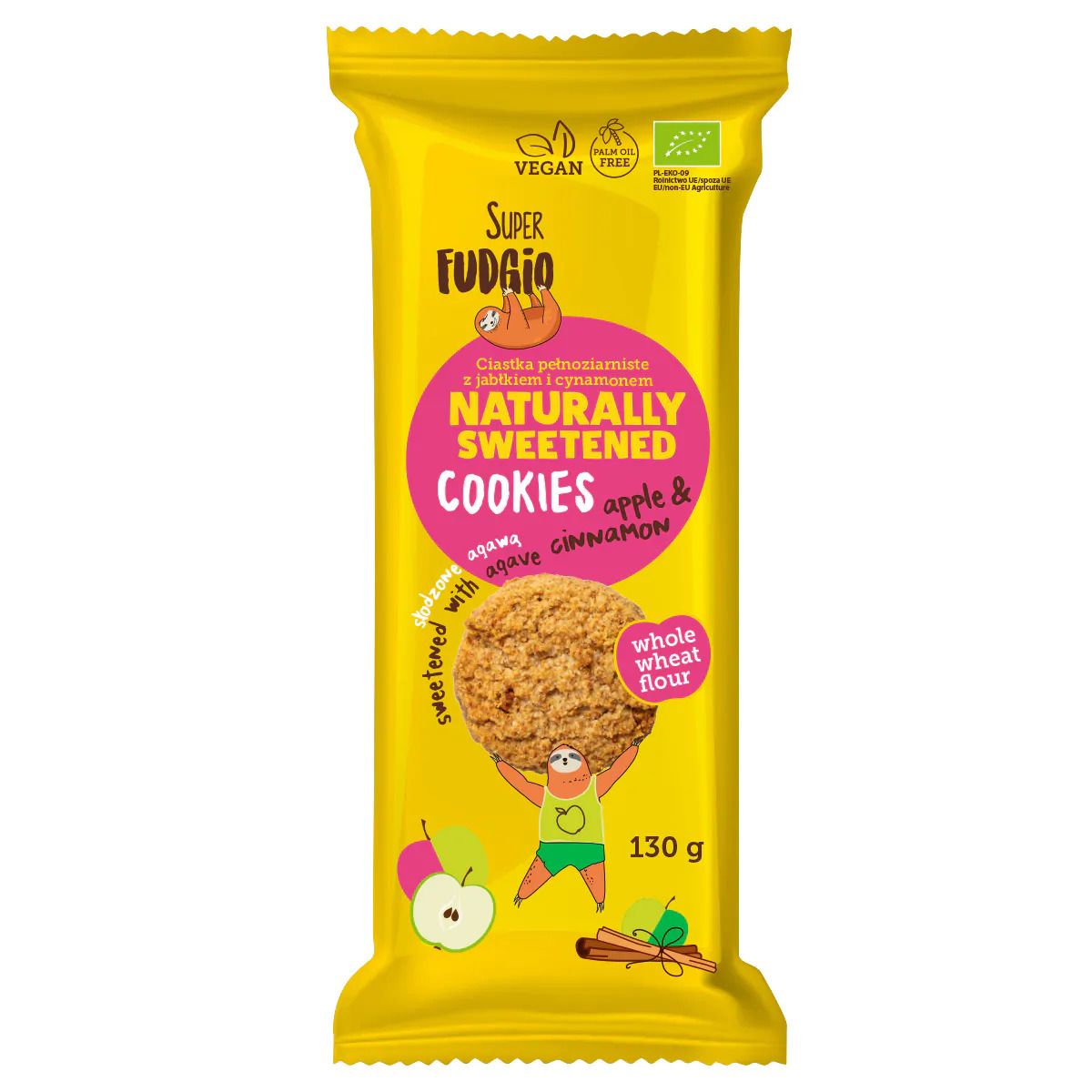 Biscuiți bio cu agave, măr și scorțișoară, ambalaj galben 130g, Super Fudgio, vegan, fără ulei de palmier.